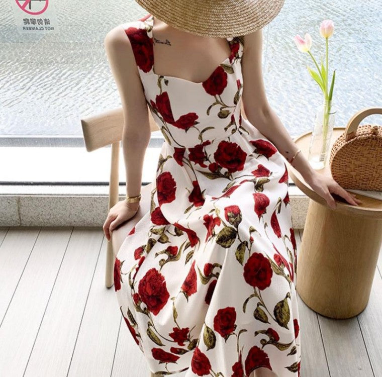 Francês Retrô Nicho Sobre o Joelho Saia Longa Cintura Fino Temperamento Alta Definição Luz Luxo Suspensórios Florais Vestido Feminino Verão