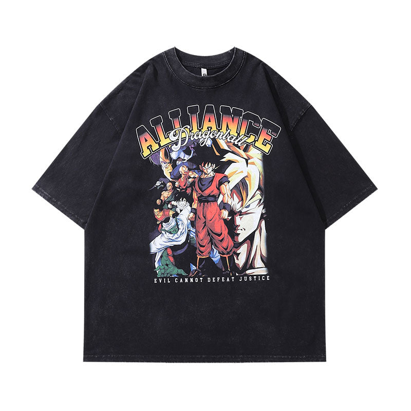 Black graphic t-shirt featuring Dragon Ball Z-inspired characters in battle stance, bold ‘ALLIANCE’ lettering above, and tagline ‘EVIL CANNOT DEFEAT JUSTICE’ below—perfect for anime fans and streetwear lovers.