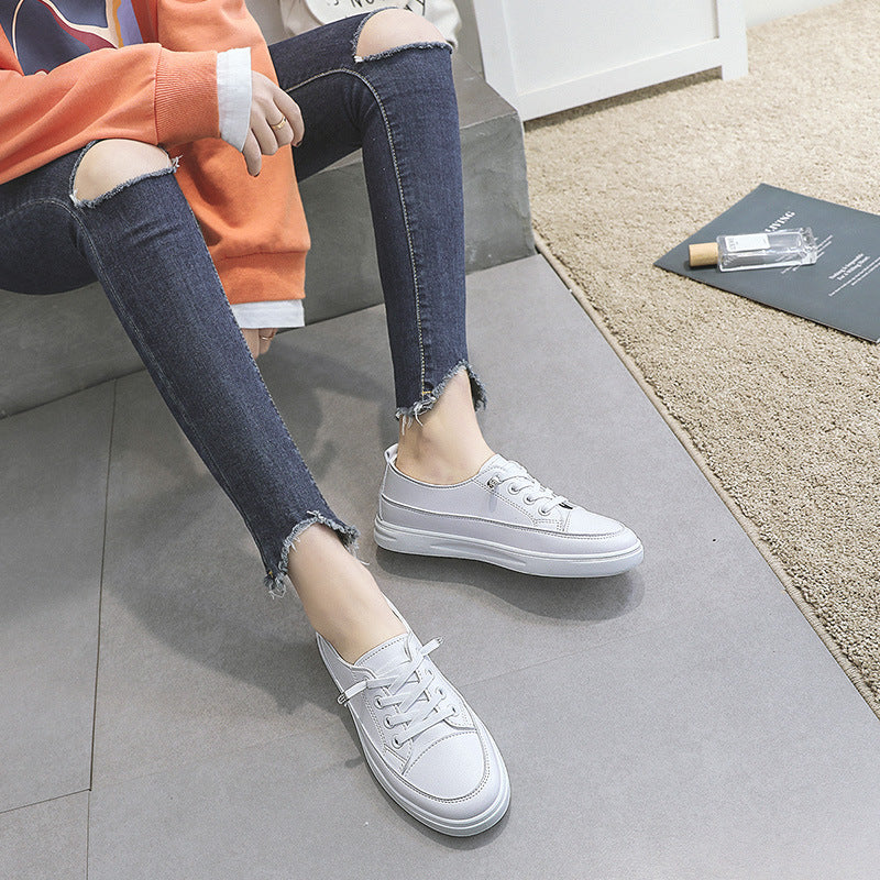 Flat Bottom Women's Sneakers Summer Versatile Low Cut Korean Style Popular White Shoes Round Toe Rubber Outsole Comfortable Casual Shoes