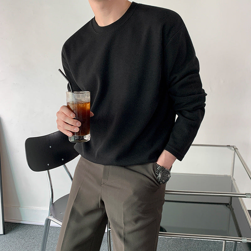 MYQ Long-sleeved T-shirt Men's Round Neck Autumn Korean Style Loose Fashionable Casual Solid Color Cotton T-shirt Base Shirt Top