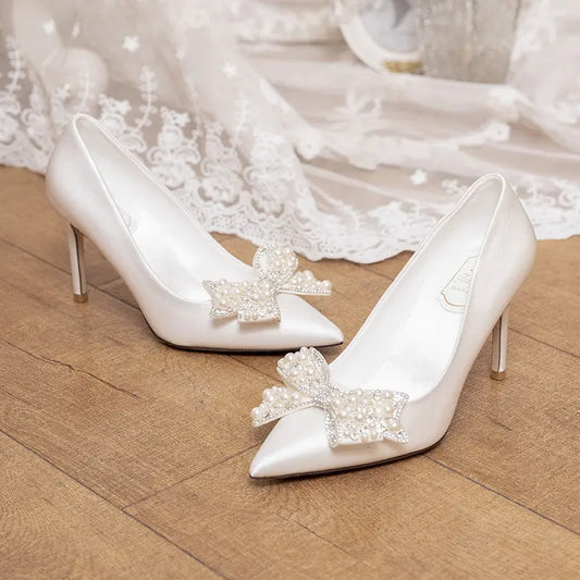 Main Wedding Dress Wedding Shoes Bridal Shoes French Dress Shoes Pearl White High Heel Bridesmaid Shoes Sexy Wine Red Banquet Shoes