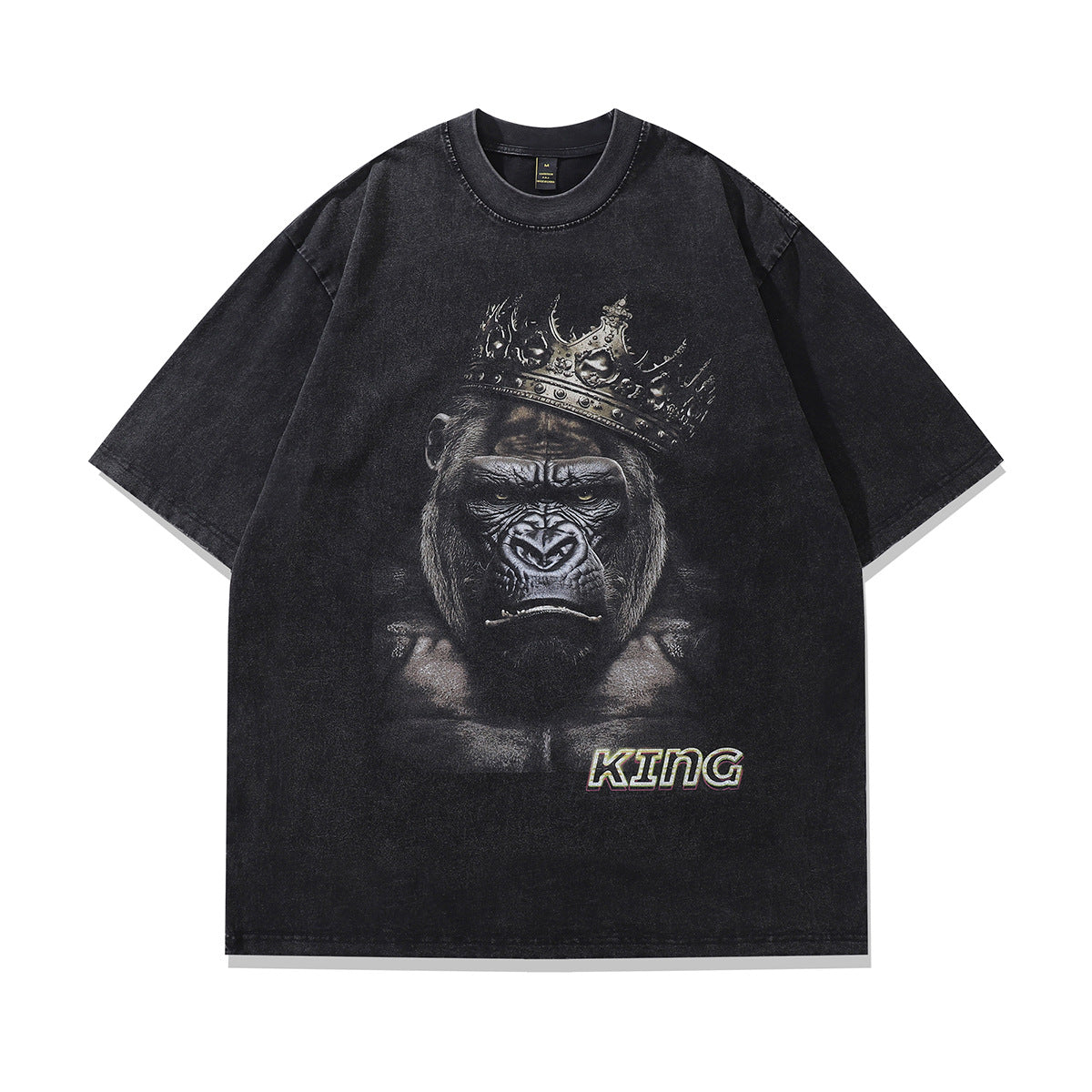 Distressed short sleeve t-shirt featuring a bold Japanese cartoon print with a hip-hop streetwear aesthetic.