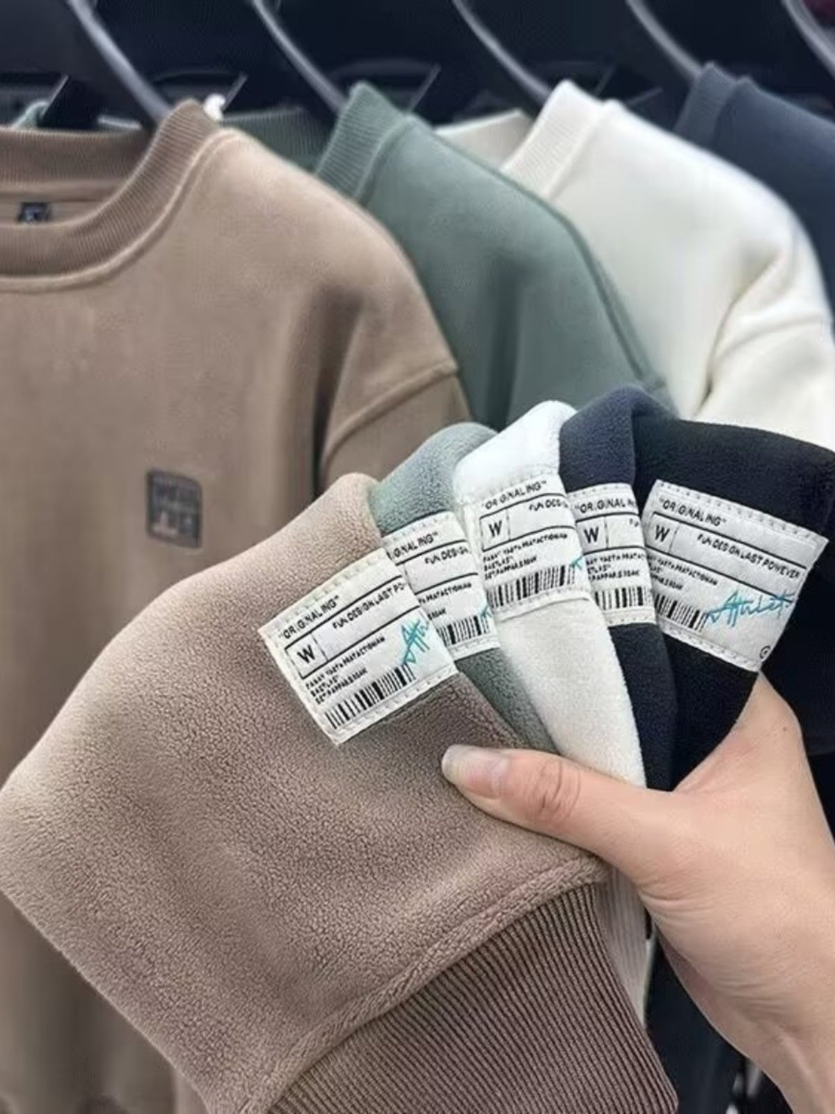 Foreign Trade Cut Label Double-sided Thickened Australian Grain Velvet Autumn And Winter Fleece-lined Top Men's Solid Color Casual Round Neck Fleece Sweat