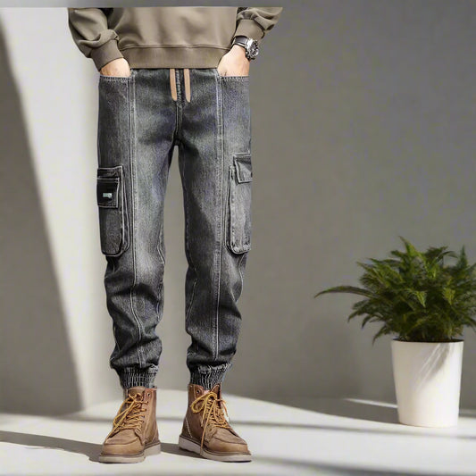 Ankle-tied Jeans Men's Autumn New Fashion Brand Loose Plus Size Closed Harem Drawstring Overalls Trousers