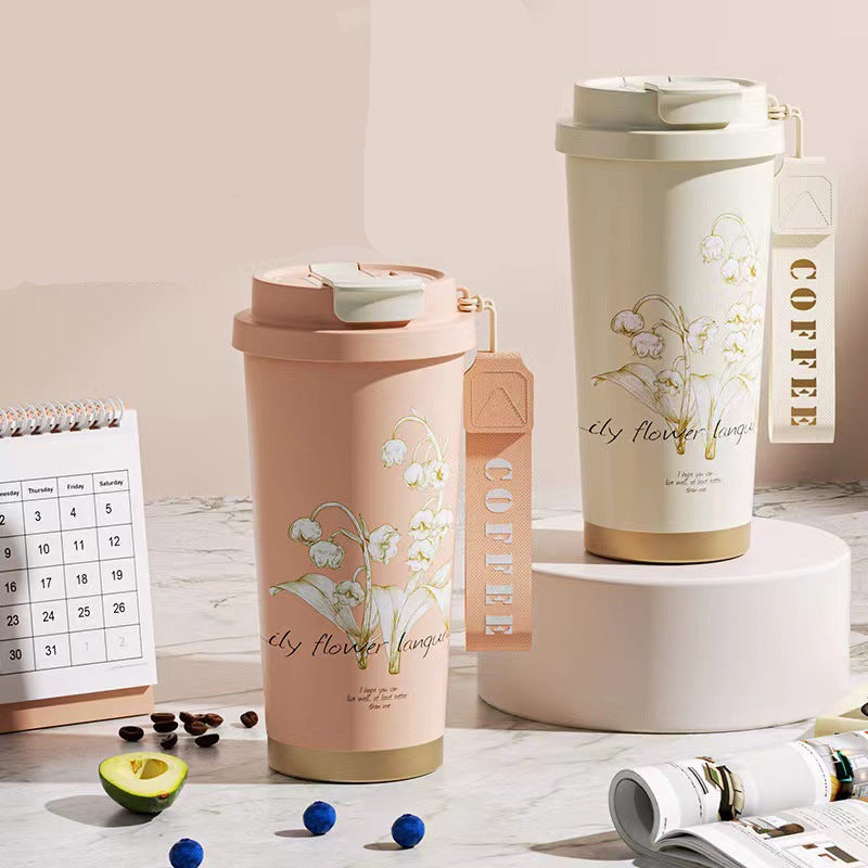 New Lily Of The Valley Coffee Cup Thermos Cup 316 Stainless Steel Women's High Color Value Straw Gift Cup Lettering Logo