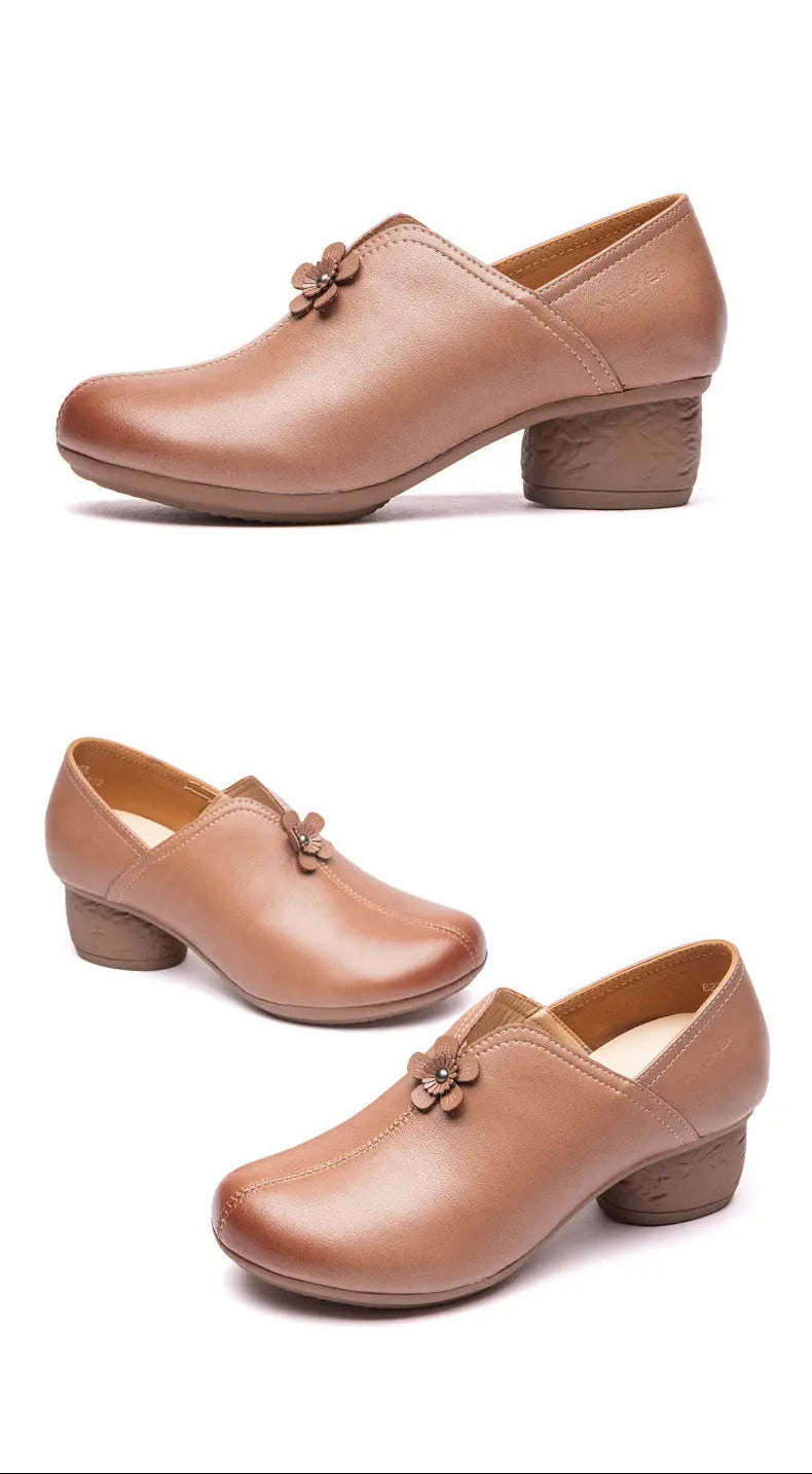 Three views of a women's low block-heel slip-on shoe in tan leather, shown on a white background with the text 'WHITE SHOW' at the top.
