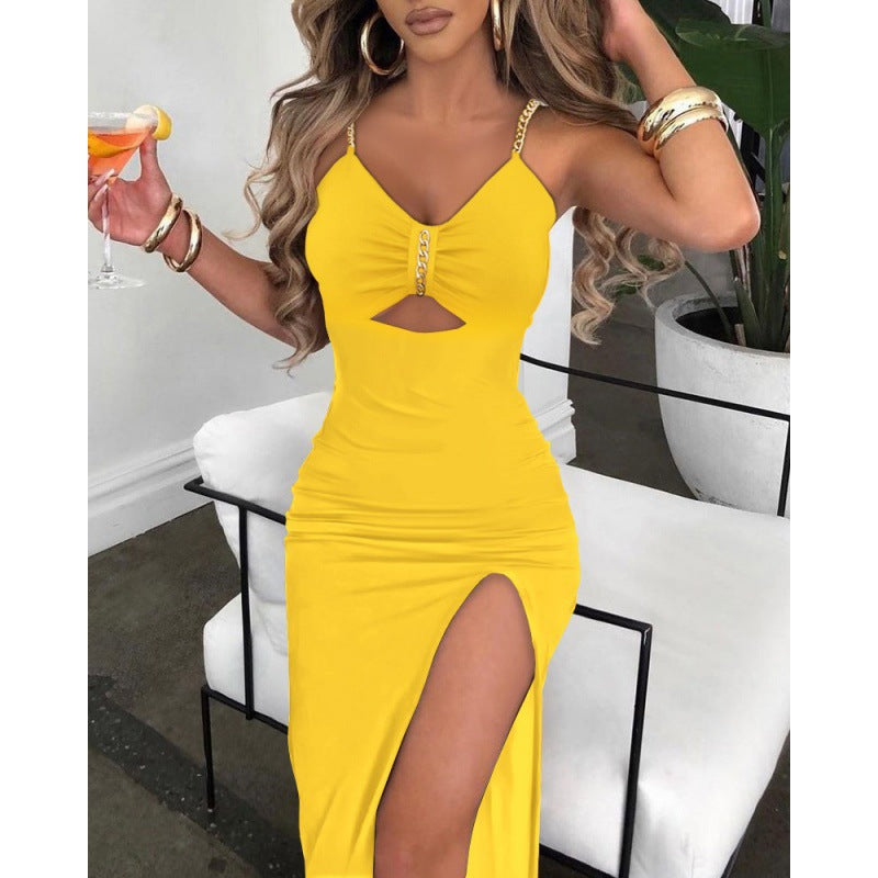 8076 European And American Autumn Clothes AliExpress Independent Station Skirt Women's Chain Shoulder Straps Slit Suspender Dress Women