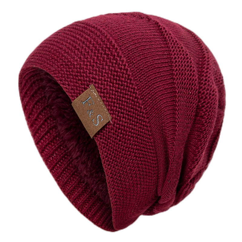 New F & S Fleece-lined Wool Cap Winter Knitted Solid Color Stitch Logo Horizontal Strip Warm Pullover Cap Cross-border In Stock
