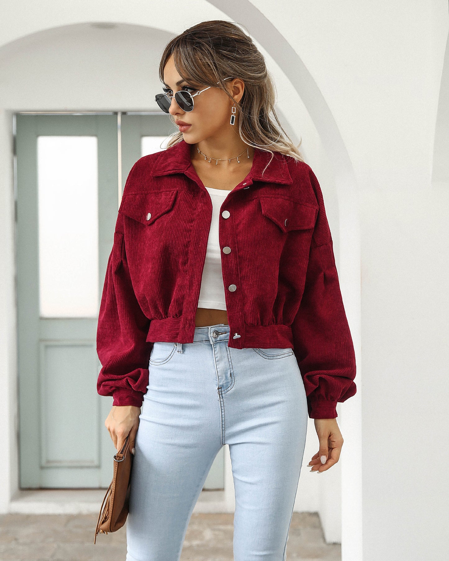 Amazon 2023 European And American Autumn And Winter Casual Lapel Corduroy Jacket Lantern Sleeve Single Breasted Short Jacket Women's Clothing