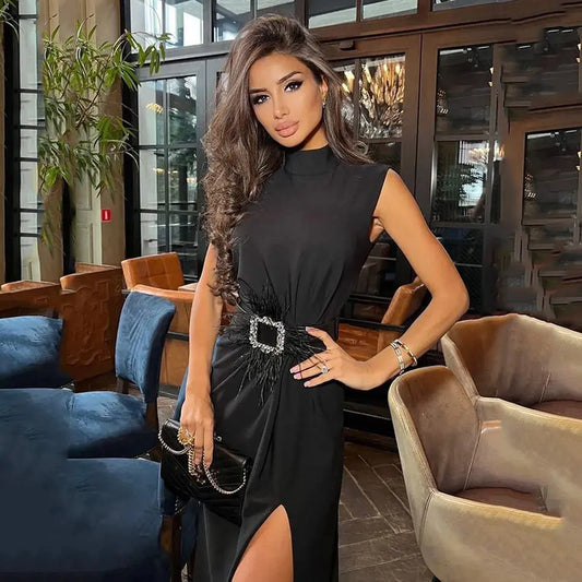 Spot 2022 Summer Dress New Korean Style Temperament Waist Slim Split Black Feather Professional Dress Fashion Female