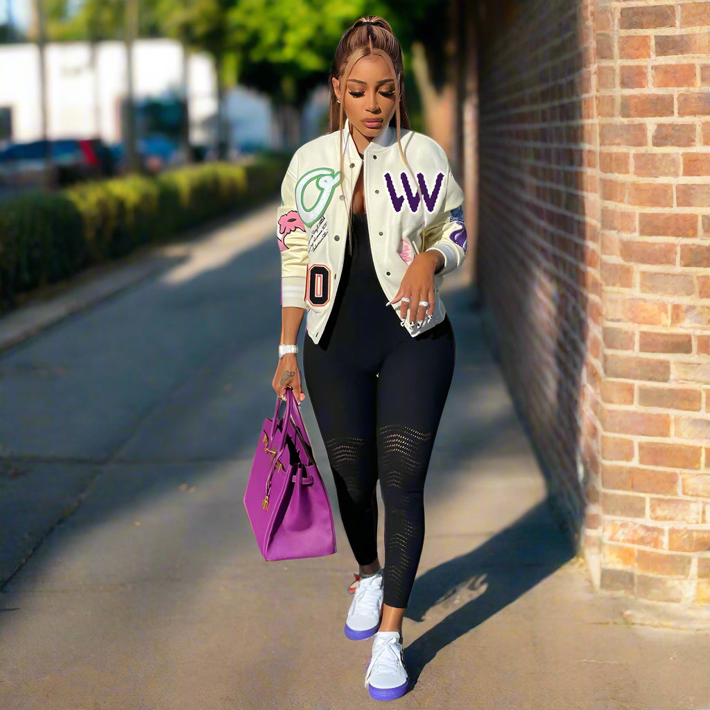 N9082I European And American Women's Autumn And Winter New Color Matching Press Button Fashion Printing Double-layer Thread Baseball Jacket