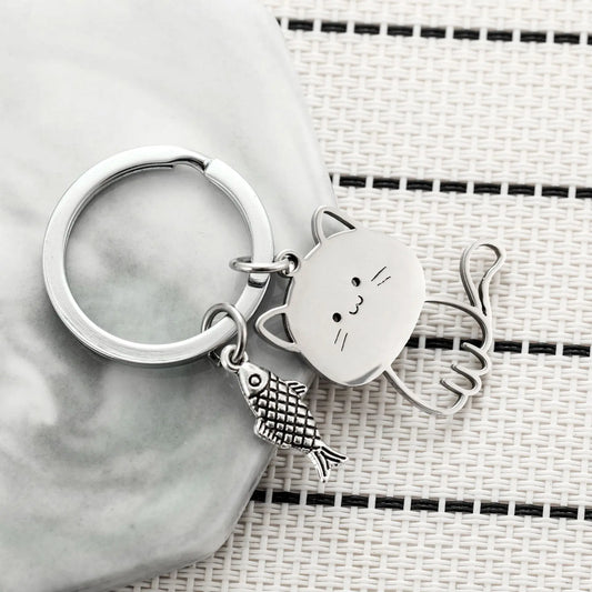 Cross-border New Cat Eating Fish Stainless Steel Pendant Key Chain Cute Cartoon Cat Pendant Couple Key Chain