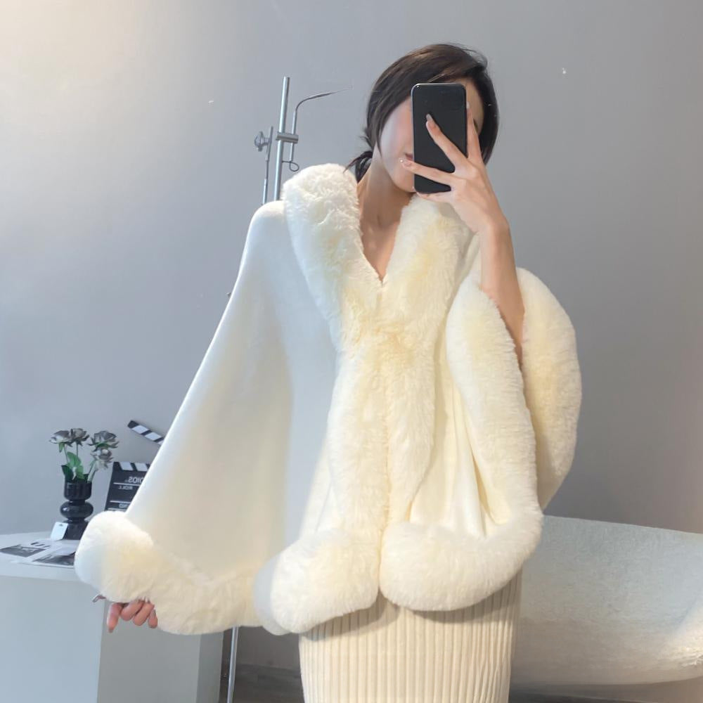 Autumn And Winter New Gentle Elegant Woolen Cloak Shawl Solid Color Imitation Rex Rabbit Fur Women's Large Size Knitted Cardigan Jacket