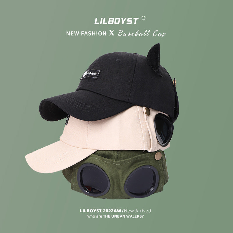Cute Cat Ears Pilot Hat Glasses Baseball Cap Women's Sunglasses Peaked Cap Men's Big Head Wai Trendy Brand