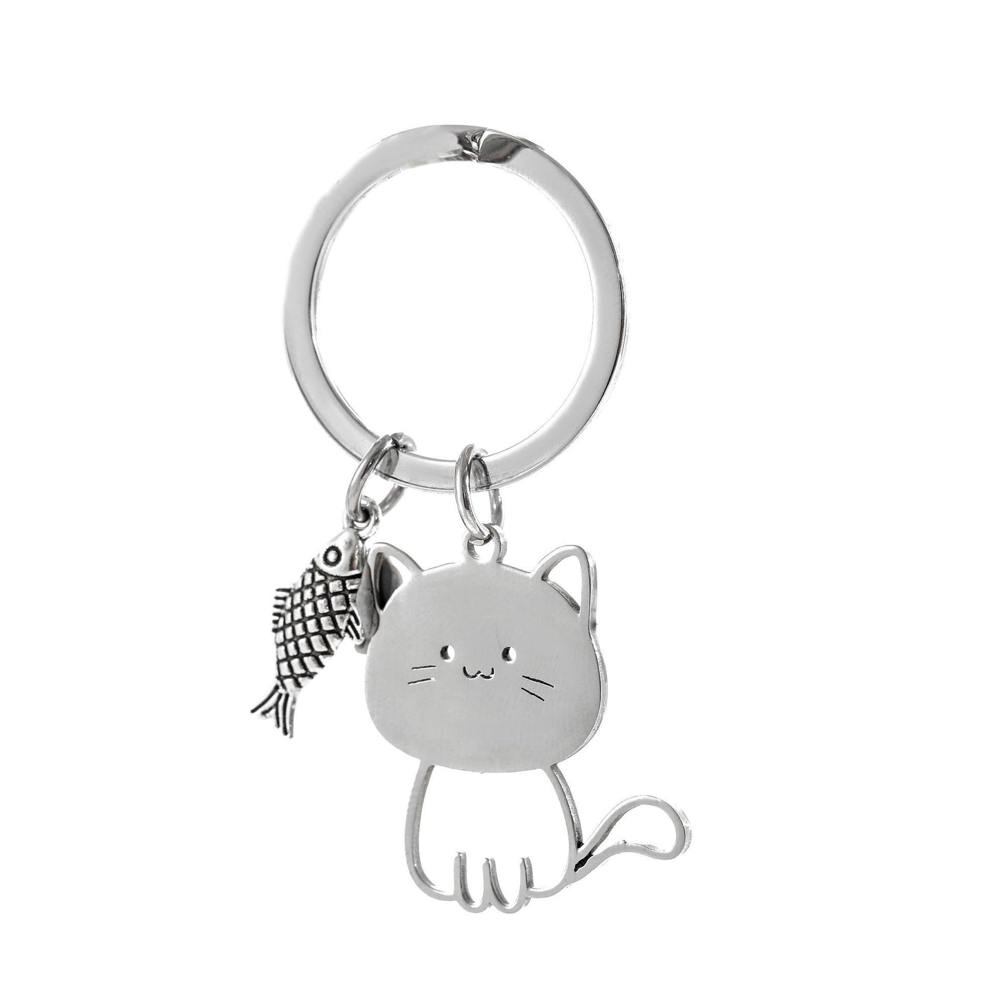 Cross-border New Cat Eating Fish Stainless Steel Pendant Key Chain Cute Cartoon Cat Pendant Couple Key Chain