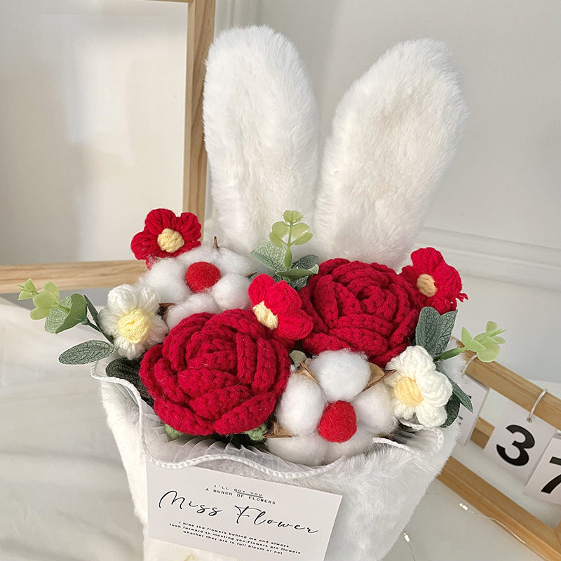 Cartoon Doll Bouquet Plush Knitted Bouquet Rabbit Ears Holding Flower Birthday Gift Atmosphere Decoration Bouquet Wholesale
