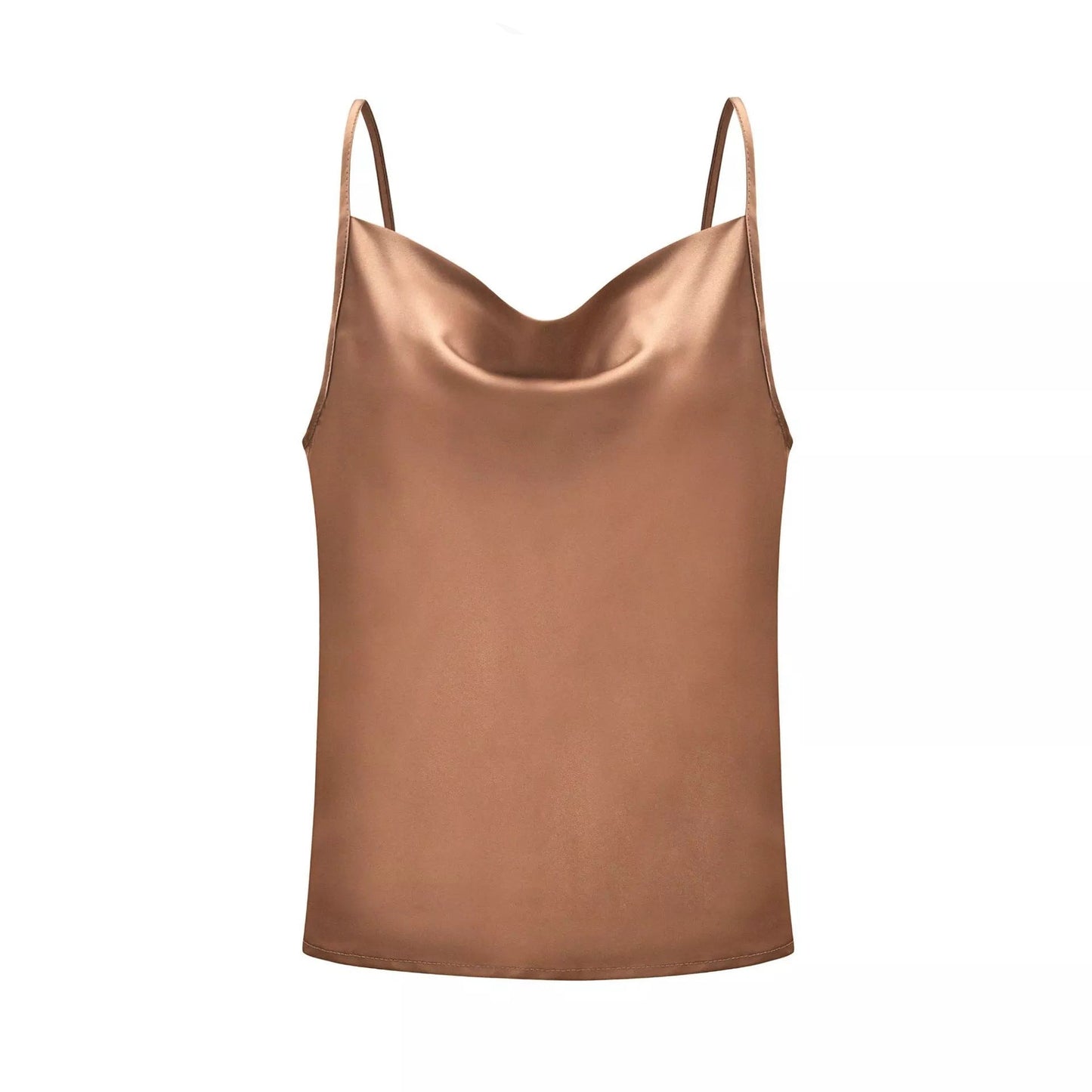 Pink satin camisole top, styled with a light blue denim skirt, holding a branch with green leaves—modern, elegant, and perfect for casual or dressy looks.