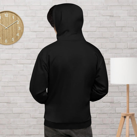 Black hoodie featuring a bold teal and white circular geometric design, with a front pocket and adjustable metal-tipped drawstring hood—modern, stylish, and perfect for everyday wear.