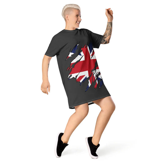 Grey oversized t-shirt dress featuring a bold United Kingdom flag graphic, worn with black sneakers—stylish, edgy, and perfect for casual streetwear.