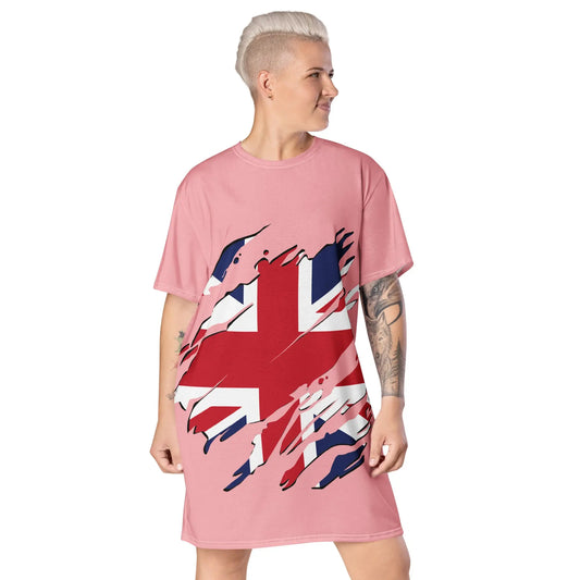 Pink oversized t-shirt dress featuring a distressed Union Jack graphic on the front, paired with black boots—stylish, edgy, and perfect for casual streetwear.