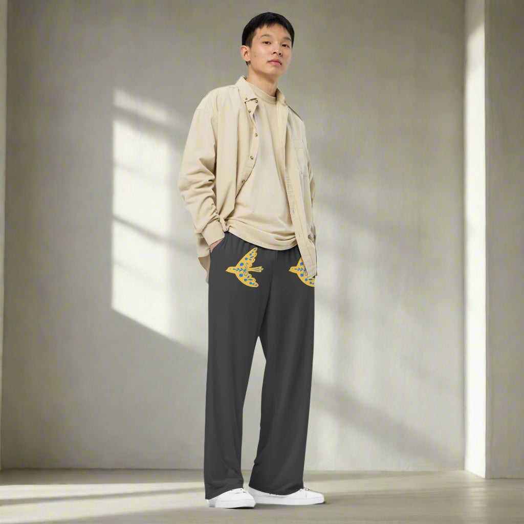 Gray Bird Print unisex wide-leg pants