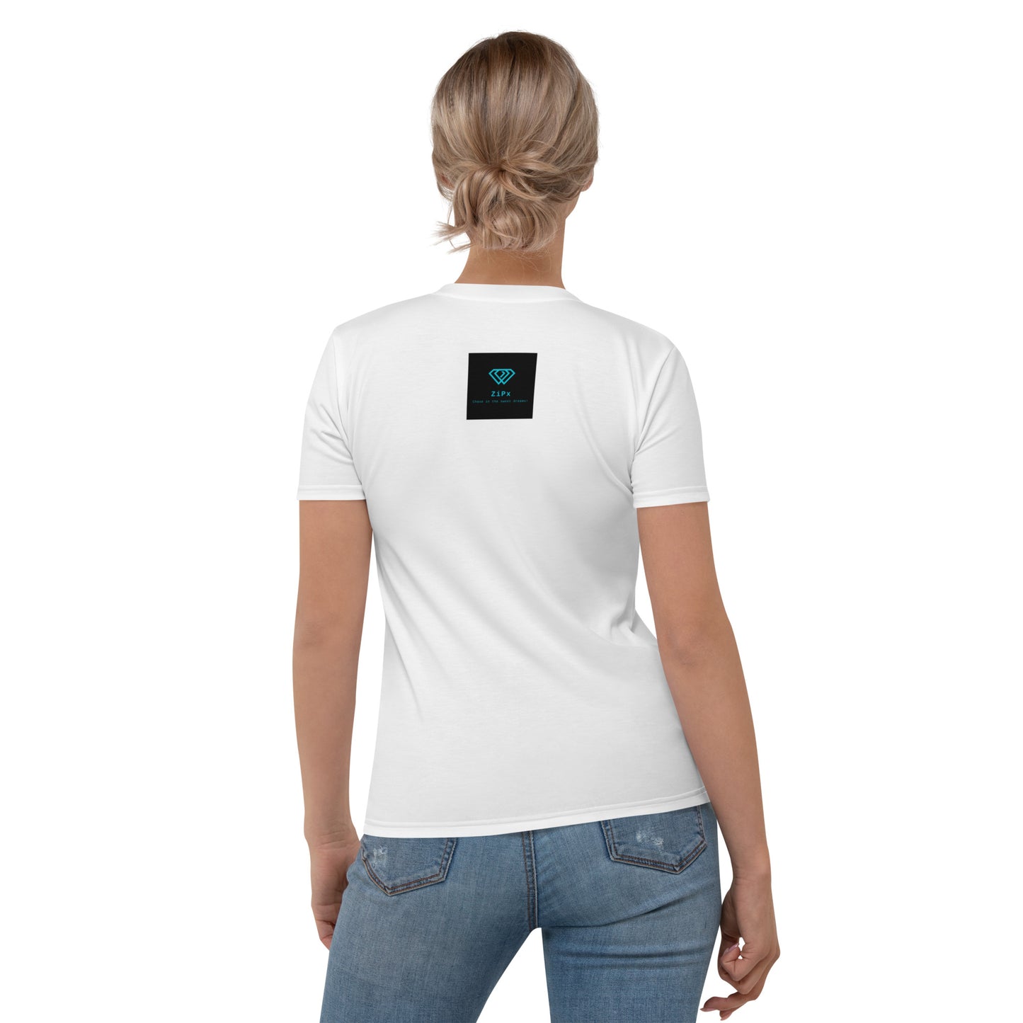 White t-shirt featuring a bold stylized lips and cherry graphic in red, paired with blue jeans—playful, stylish, and perfect for casual wear.