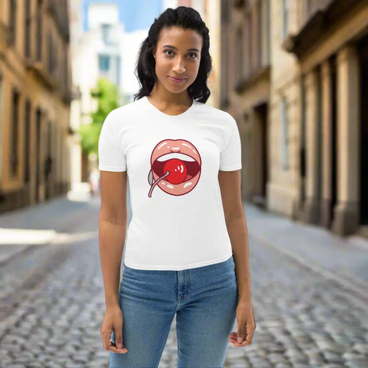 White t-shirt featuring a bold stylized lips and cherry graphic in red, paired with blue jeans—playful, stylish, and perfect for casual wear.