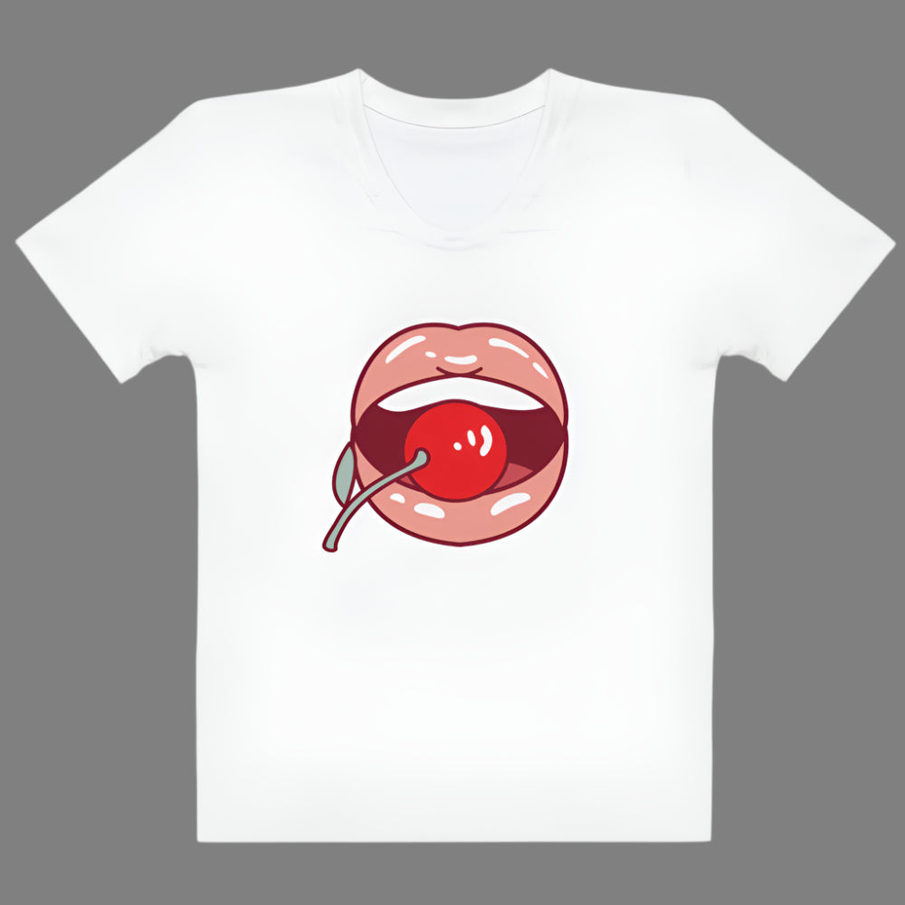 White t-shirt featuring a bold stylized lips and cherry graphic in red, paired with blue jeans—playful, stylish, and perfect for casual wear.