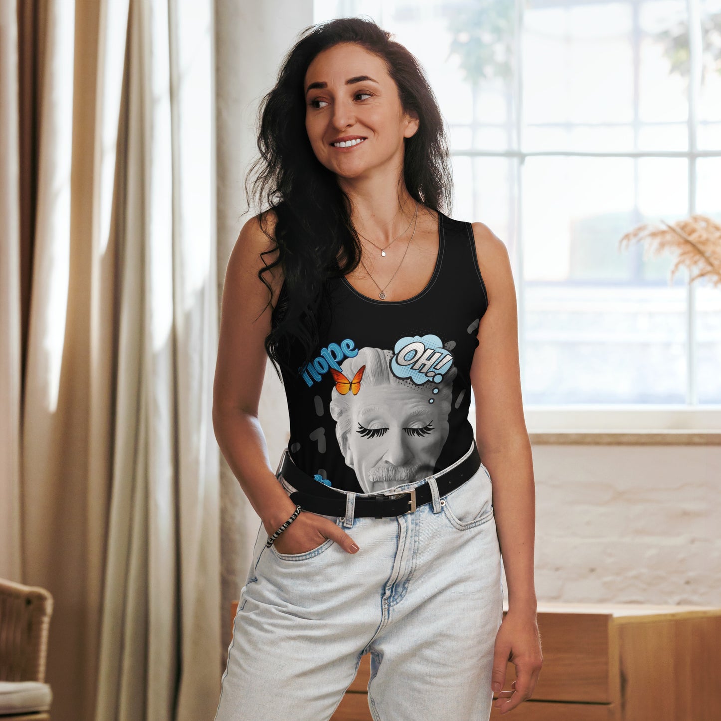 Black sleeveless tank top featuring a quirky cartoon of Einstein sticking his tongue out with exaggerated eyelashes, alongside playful ‘OH!’ and ‘nope’ text—funny, stylish, and perfect for casual wear.