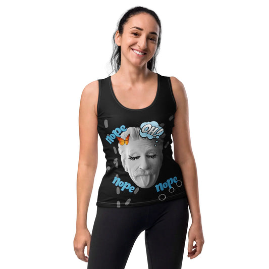 Black sleeveless tank top featuring a quirky cartoon of Einstein sticking his tongue out with exaggerated eyelashes, alongside playful ‘OH!’ and ‘nope’ text—funny, stylish, and perfect for casual wear.