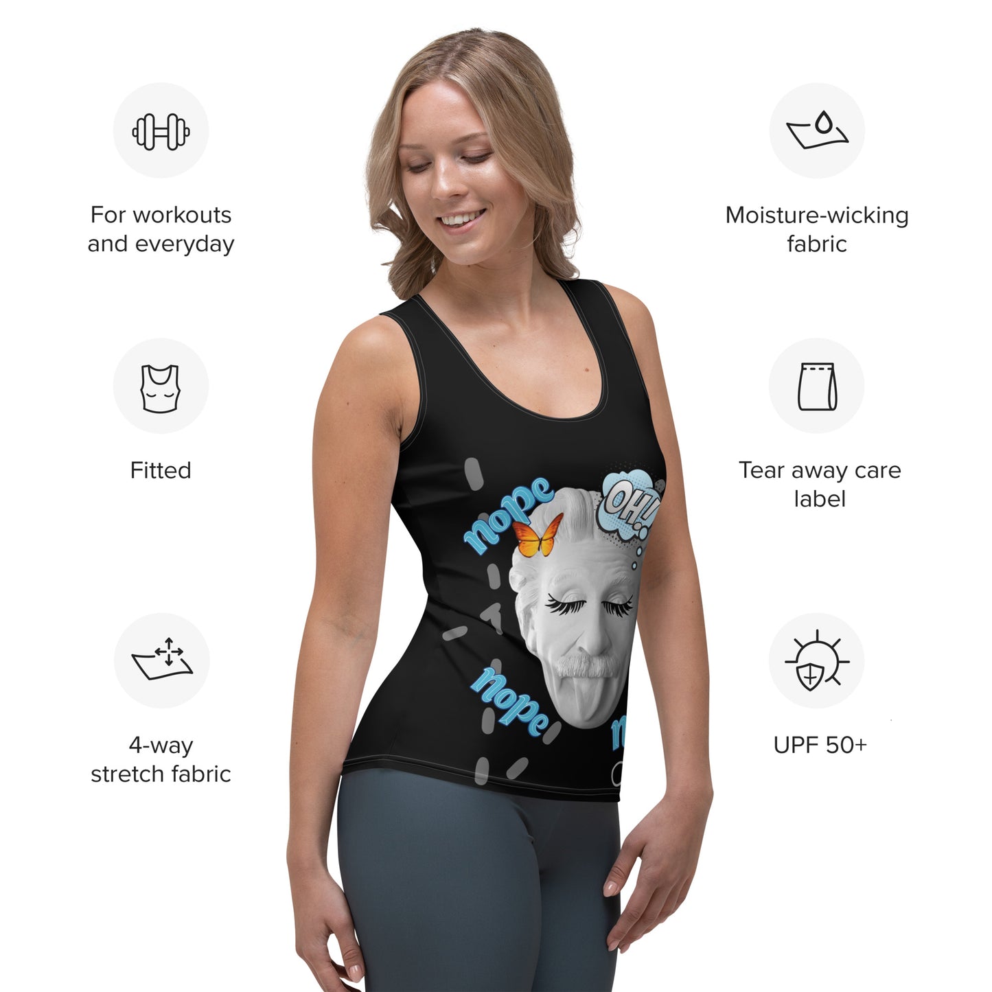 Black sleeveless tank top featuring a quirky cartoon of Einstein sticking his tongue out with exaggerated eyelashes, alongside playful ‘OH!’ and ‘nope’ text—funny, stylish, and perfect for casual wear.