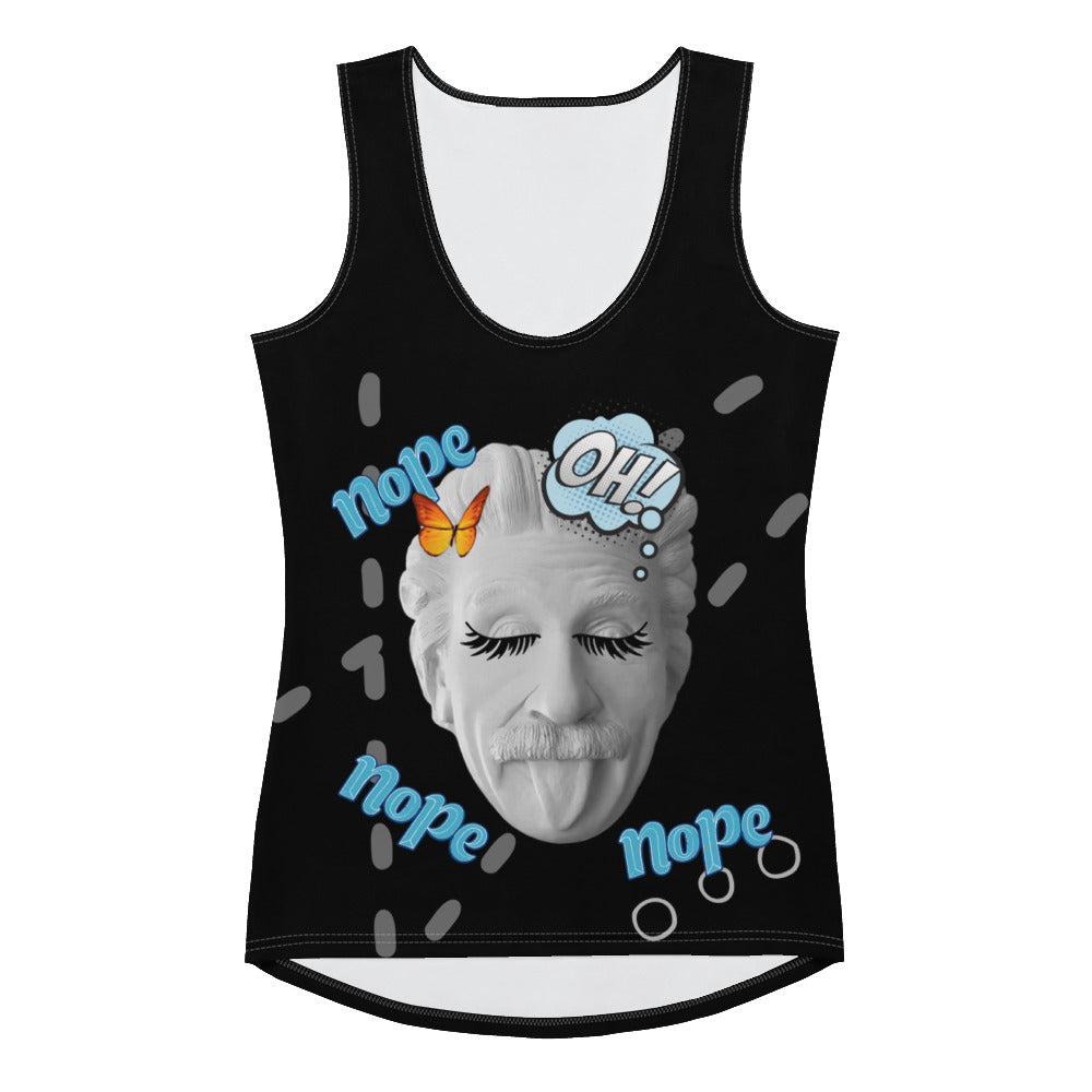 Black sleeveless tank top featuring a quirky cartoon of Einstein sticking his tongue out with exaggerated eyelashes, alongside playful ‘OH!’ and ‘nope’ text—funny, stylish, and perfect for casual wear.