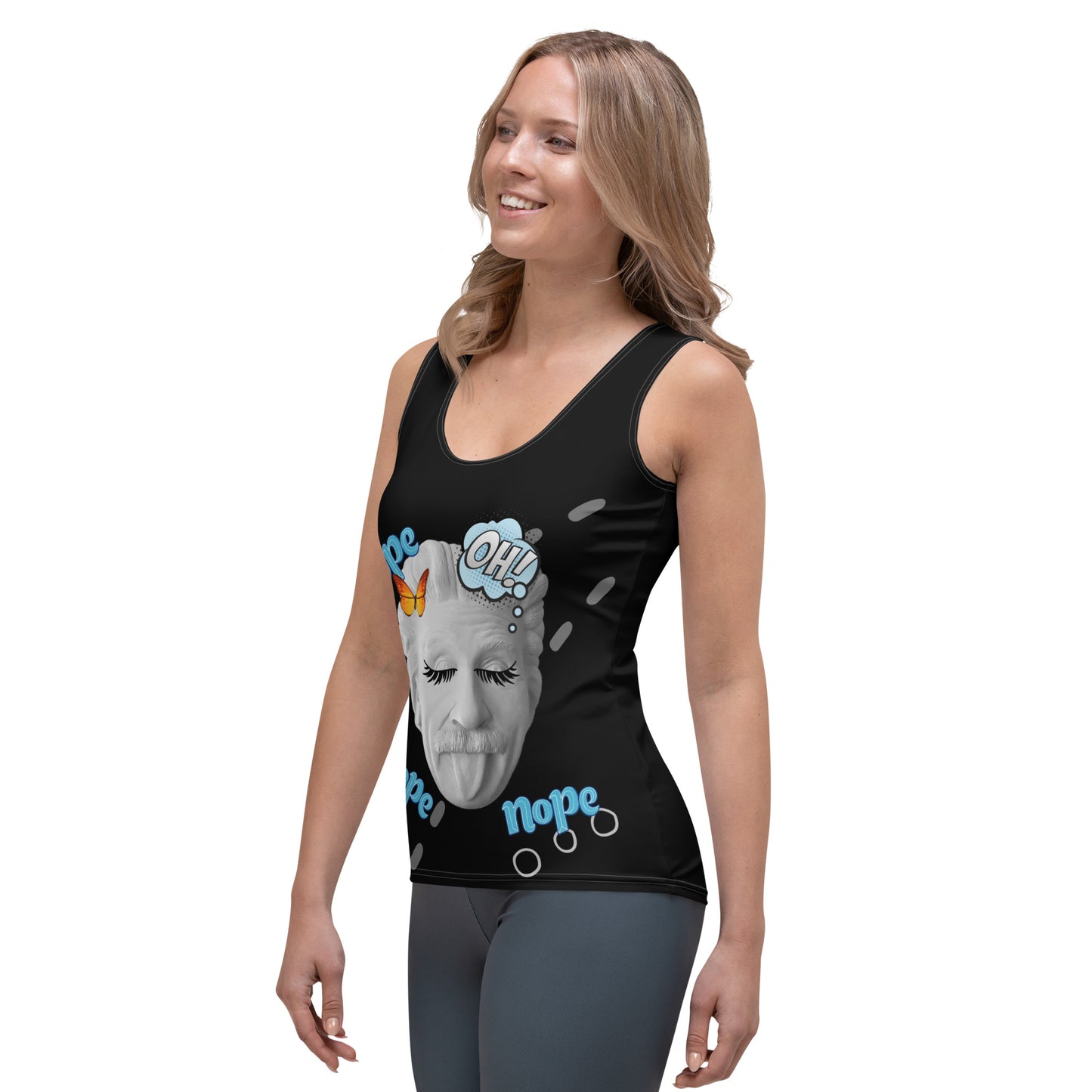 Black sleeveless tank top featuring a quirky cartoon of Einstein sticking his tongue out with exaggerated eyelashes, alongside playful ‘OH!’ and ‘nope’ text—funny, stylish, and perfect for casual wear.