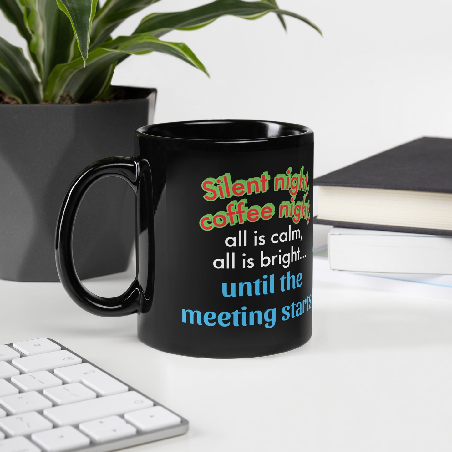 Office Christmas Print Black Glossy Mug