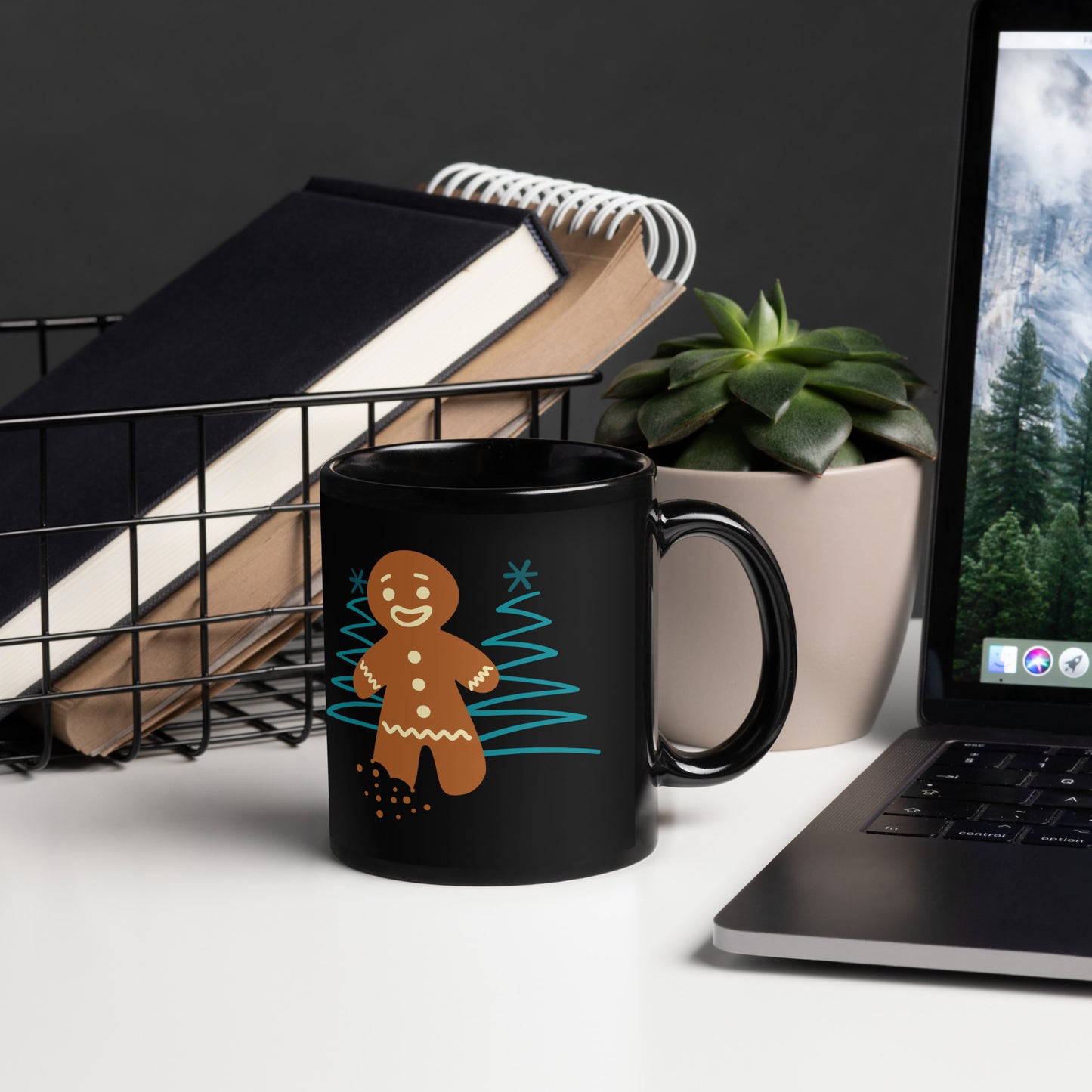 Office Christmas Print Black Glossy Mug