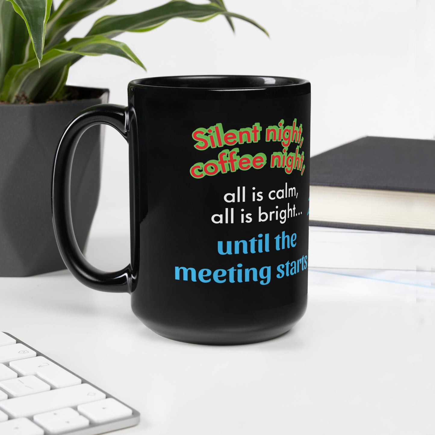 Office Christmas Print Black Glossy Mug