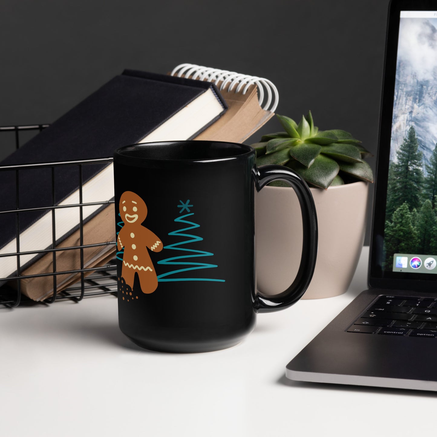 Office Christmas Print Black Glossy Mug