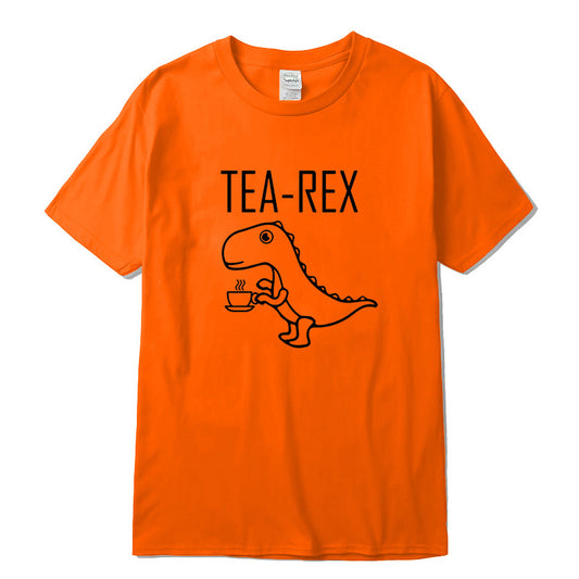 Orange blue graphic t-shirt featuring a cartoon dinosaur holding a steaming cup of tea, with bold white ‘TEA-REX’ lettering above—funny, stylish, and perfect for tea lovers.