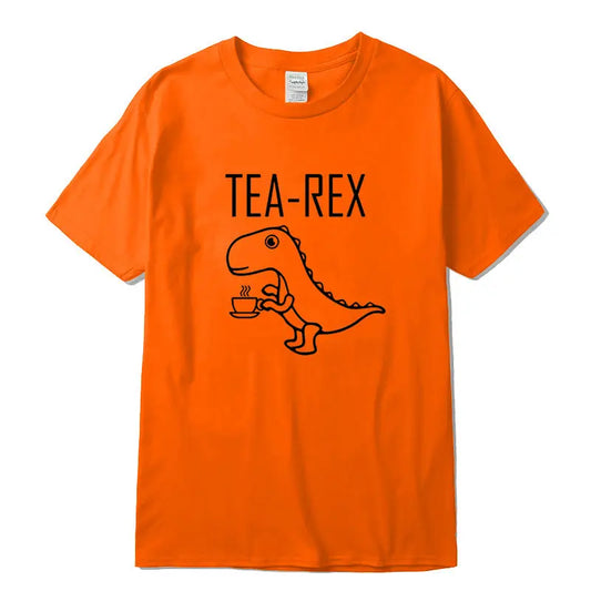 Orange blue graphic t-shirt featuring a cartoon dinosaur holding a steaming cup of tea, with bold white ‘TEA-REX’ lettering above—funny, stylish, and perfect for tea lovers.