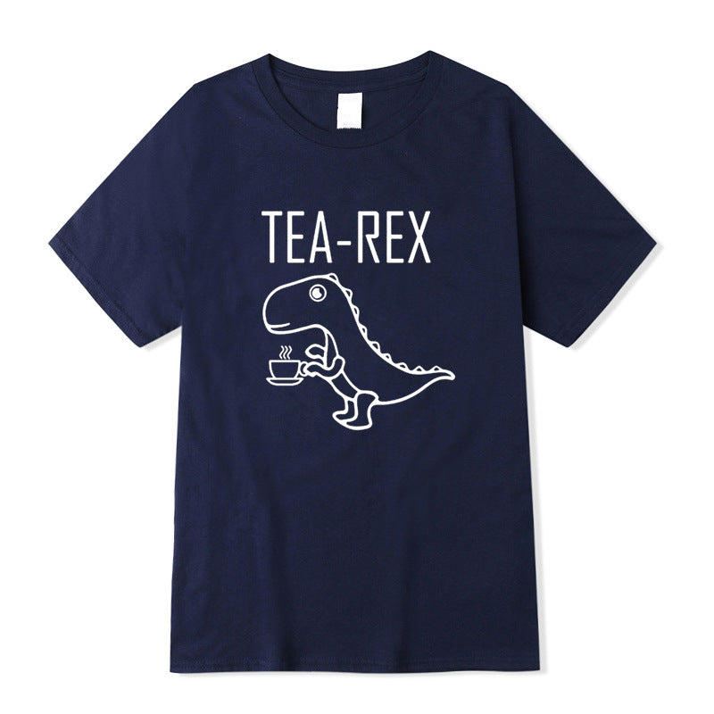 Navy blue graphic t-shirt featuring a cartoon dinosaur holding a steaming cup of tea, with bold white ‘TEA-REX’ lettering above—funny, stylish, and perfect for tea lovers.
