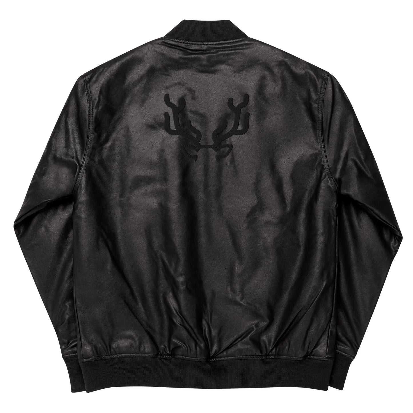 Black faux leather jacket with ribbed cuffs and hem, a zip-up front, soft grey inner lining, and a small embroidered deer logo on the chest—stylish, structured, and perfect for casual or dressy outfits.