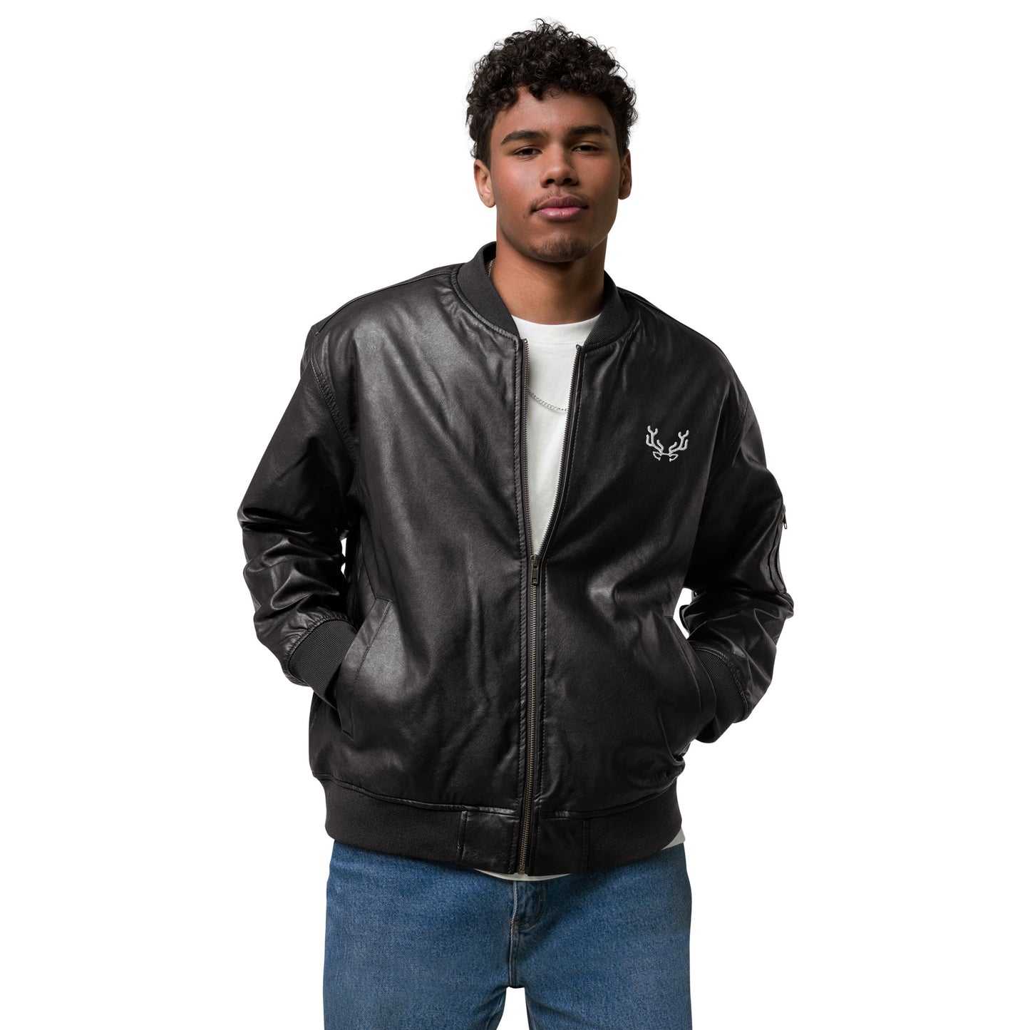 Stag Embroidery, Leather Bomber Jacket male
