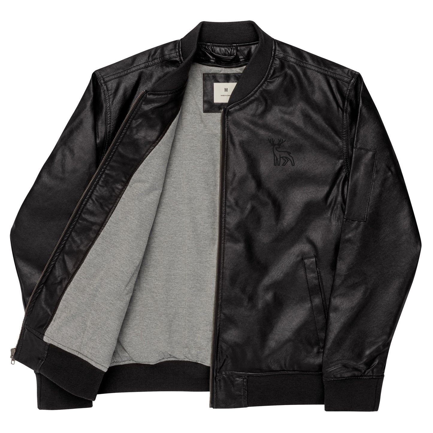 Black faux leather jacket with ribbed cuffs and hem, a zip-up front, soft grey inner lining, and a small embroidered deer logo on the chest—stylish, structured, and perfect for casual or dressy outfits.