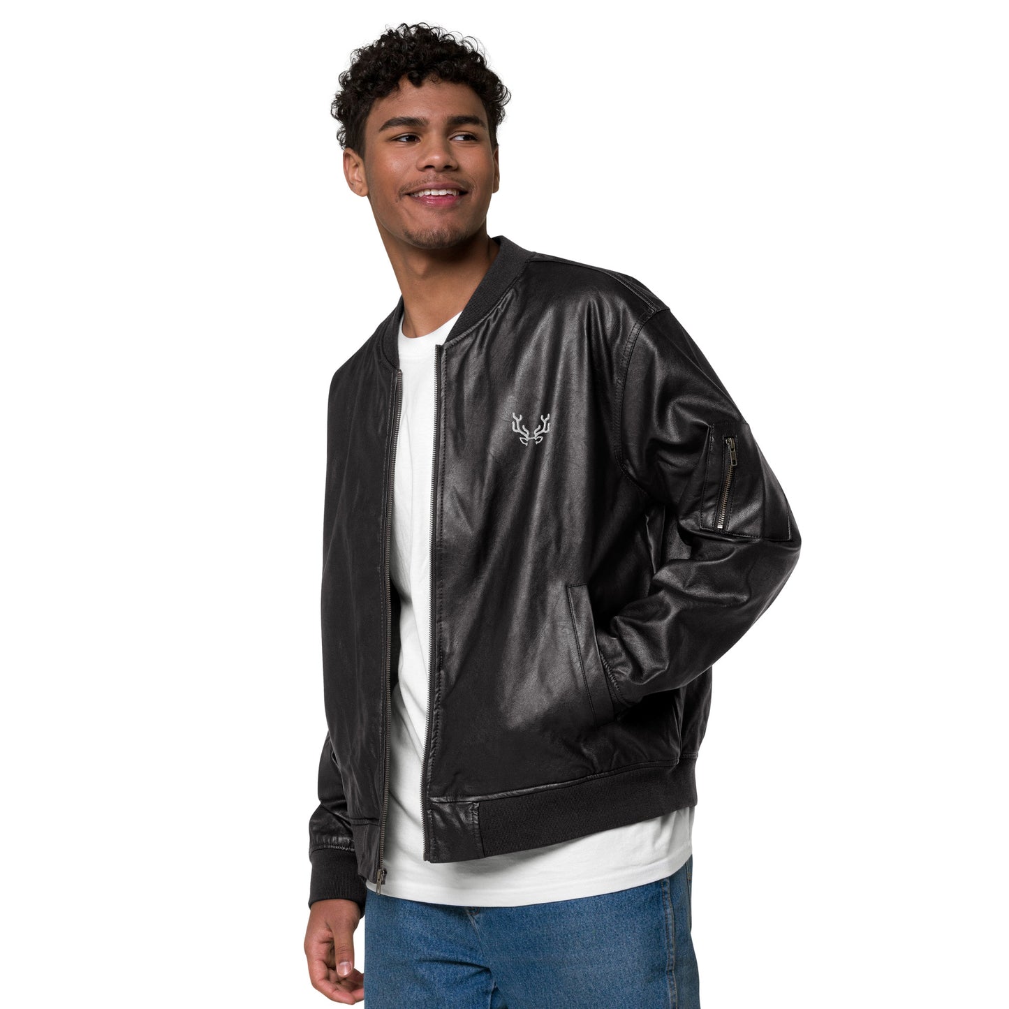 Stag Embroidery, Leather Bomber Jacket male
