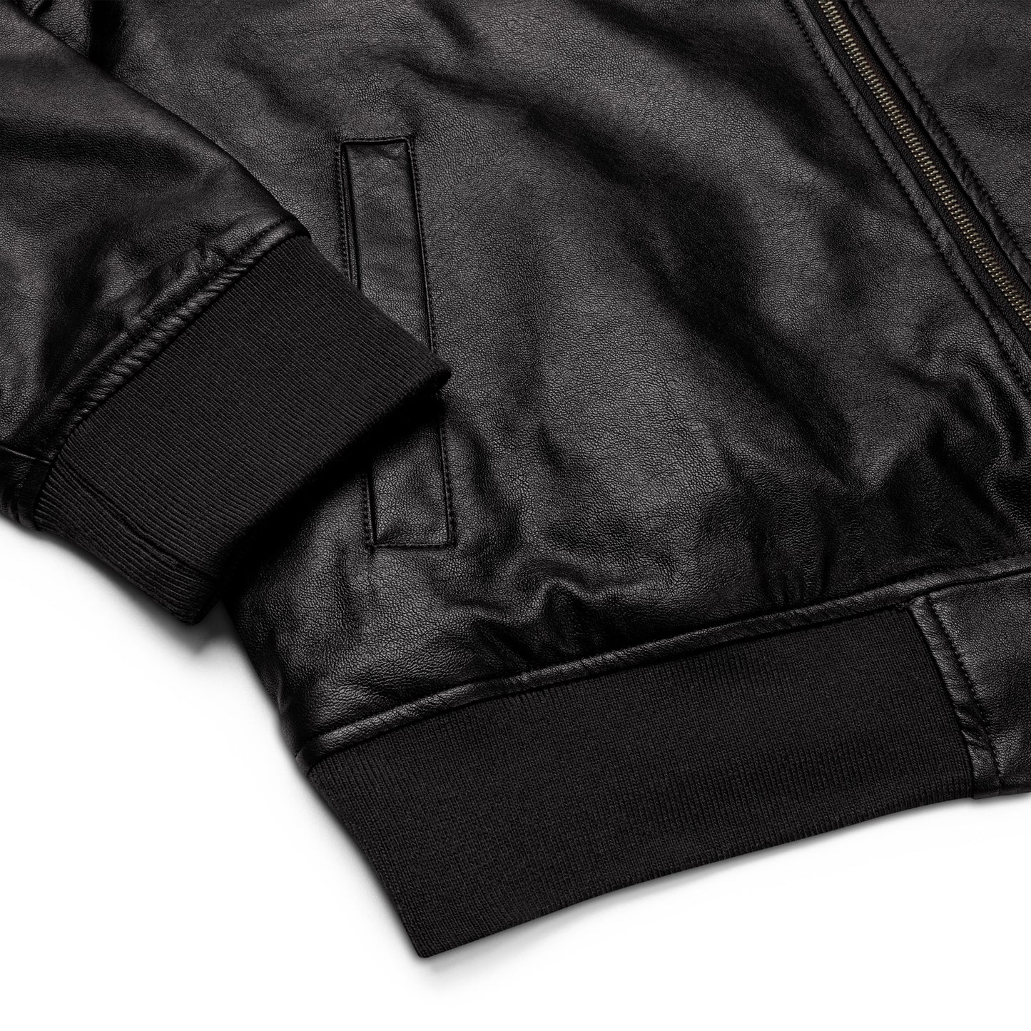 Black faux leather jacket with ribbed cuffs and hem, a zip-up front, soft grey inner lining, and a small embroidered deer logo on the chest—stylish, structured, and perfect for casual or dressy outfits.