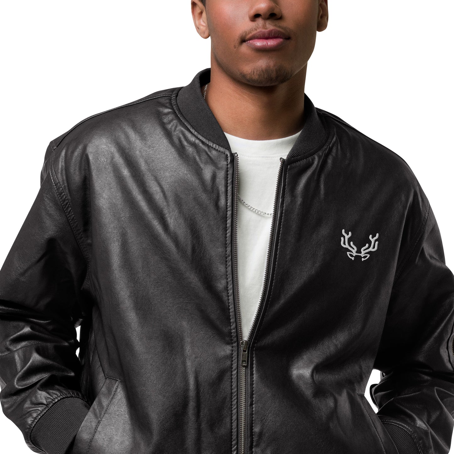 Stag Embroidery, Leather Bomber Jacket male