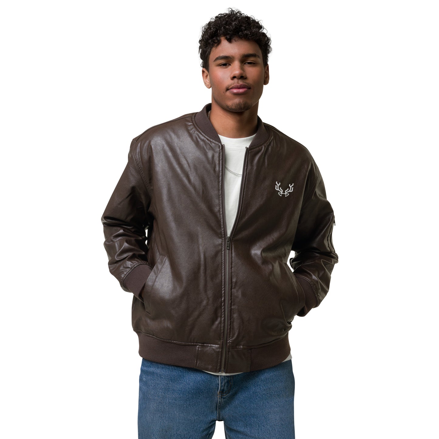 Stag Embroidery, Leather Bomber Jacket male