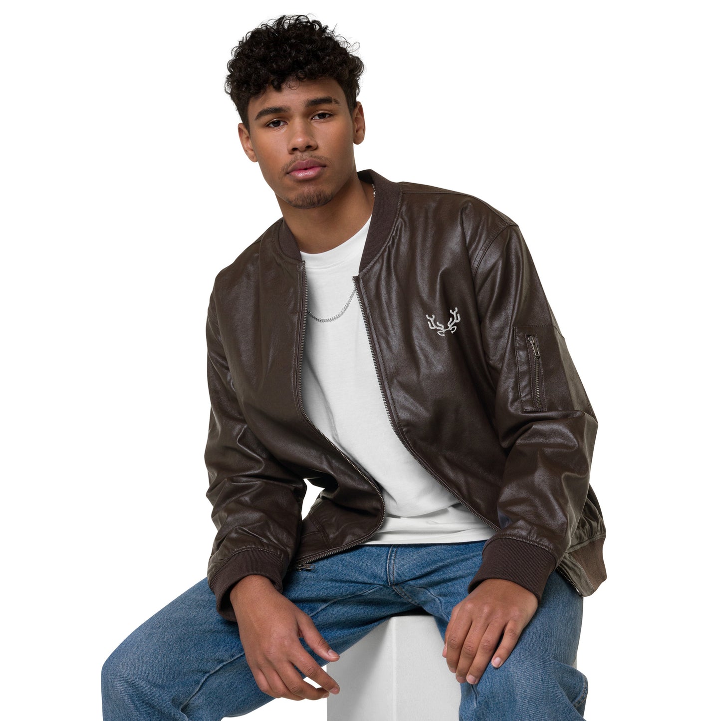 Stag Embroidery, Leather Bomber Jacket male