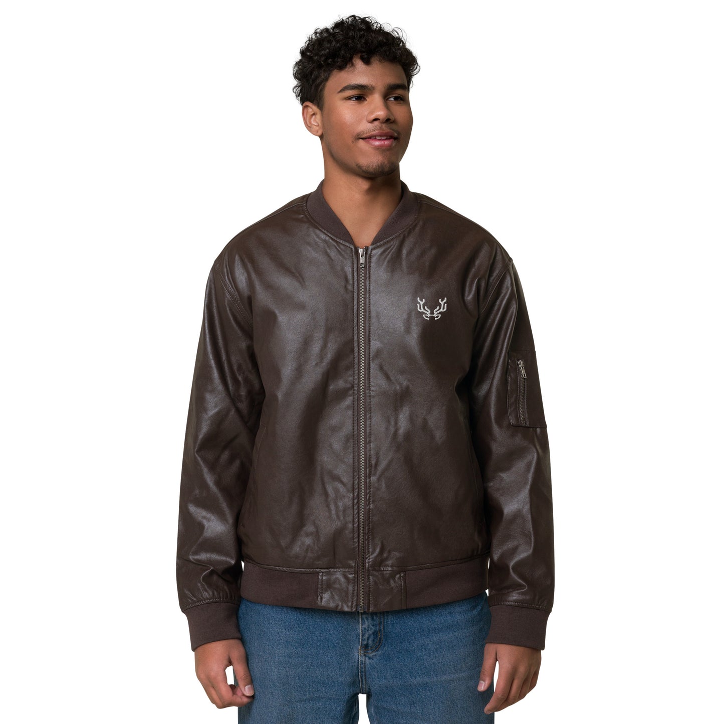 Stag Embroidery, Leather Bomber Jacket male