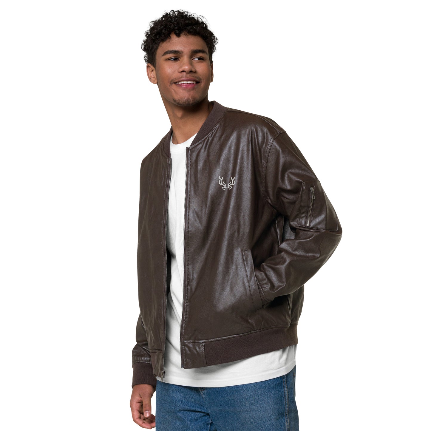 Stag Embroidery, Leather Bomber Jacket male